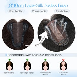 Real Human Hair Toppers,S-noilite Jet Black Remy Hair Topper for Women with Thinning Hair 3.2x4 inch Lace Silk Base Toppers Hair Piece to Cover Grey Hair (12 Inch,Jet Black)