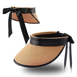Manfnee Summer Visor Hat for Women Wide Brim Straw UV Protection Sun Hat Packable Tonytail Beach Hat for Travel, A1:C1:Khaki