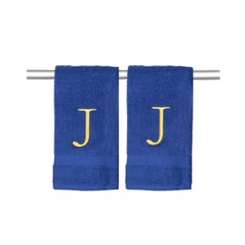 Navy Letter Hand Towel for Bathroom - Monogrammed Initial Hotel Quality Decorative Embroidered Towel for Powder Room, Spa - GOTS Organic Certified - Set of 2 Letter J