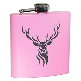 Hip Flask Pink with Deer Antlers, 6 oz | Gift for Women | Hunter, for Hiking, Skiing, Mountaineering, Winter Holidays, Tours, etc. | Alcohol Bottle Pink Funny