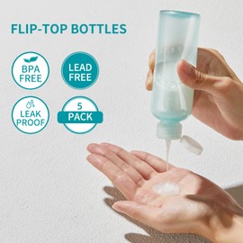 LISAPACK - Botellas de viaje de 3.4 onzas con tapa abatible (5 piezas) contenedor dispensador aspiradora para cosméticos de tamaño de viaje (100 ml, verde claro)