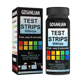 GDSanlian 7-in-1 Professional Water Test Strips 50 Strips – Instant Pool/Spa/Drinking Water Testing Kit for pH,Chlorine (Total/Free),Hardness,Alkalinity,Bromine & Cyanuric Acid | Lab-Accurate Results