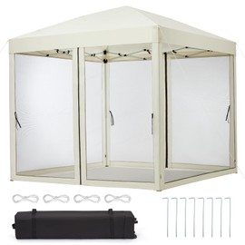 GarveeLife 10 ft x10 ft Instant Pop-Up Canopy Tent with Removable Mosquito Netting & 2 Zipper Doors, Portable Outdoor Shelter for Camping, Backyard, Picnic - Includes Wheeled Carry Bag (Beige)