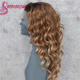 Sapphirewigs Dark Roots Ombre Brown Color Curly No-Tangle Glueless Women Party Daily Makeup Cosplay Party Women Fashion Synthetic Lace Front Wigs