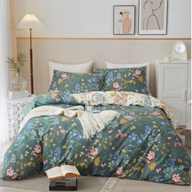 Freyamy Bed Linen 220 x 2240 cm 3-Piece Green Dark Green Colourful Flowers Leaves Plants Reversible Bed Linen Floral Girls Bedding Sets 100% Microfibre Duvet Cover with Zip and 2 Pillowcases 80 x 80