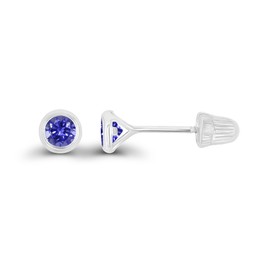 Solid 14K White Gold 3mm Round Genuine Tanzanite Birthstone Bezel Screw Back Stud Earrings