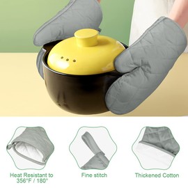 AUAUY Grey Oven Mitts, 1 Pair Kitchen Mittens, 392°F Heat Resistant Oven Gloves Non-Slip Kitchen Gloves for Oven, BBQ Gloves-Oven Mitts Infill Cotton Cooking Gloves for Oven Grilling Cooking Baking