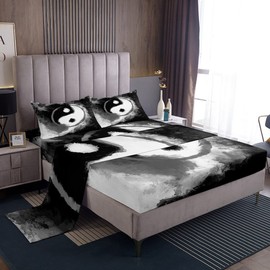 Yin Yang Sheet Set Kids Boho Trippy Sheets with Deep Pocket Fitted Sheet for Boys Girls Tradition Pattern Bed Sheets Set Breathable Psychedelic Peace Sign Bedding Set Ink Art Bed Set Double