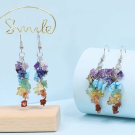 Nupuyai 7 Chakra Crystal Stone Long Tassel Drop Earrings for Women, Chakra Healing Stone Dangle Earrings for Wedding Party Vacation, 62mm