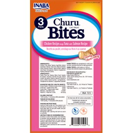 INABA Churu Bites for Cats, Grain-Free, Soft/Chewy Baked Chicken Wrapped Churu Filled Cat Treats with Vitamin E, 0.35 Ounces Each Tube| 24 Tubes Total (3 per Pack), Tuna with Salmon Recipe