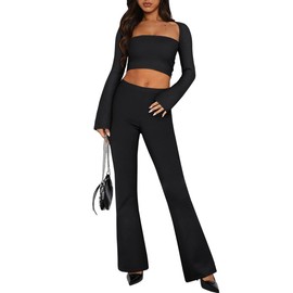REORIA Womens Fall Two Piece Sets Matching Sets Trendy Cute Long Sleeve Cardigan And Tube Crop Tops And Flare Pants Pajamas Lounge Sets Going Out Outfits Plus Size Black XX-Large