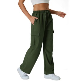 keriffe Women's Cargo Pants Quick Dry Lightweight Water-Resistant Hiking Pants Elastic High Waisted Drawstring 4 Pockets Army Green