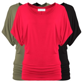 Free to Live 3 Pack Dolman Sleeve Tunic Dressy Business Casual Tops for Women Short Sleeve Shirts Work Outfits Travel Clothes, Black, Olive, Red, Large