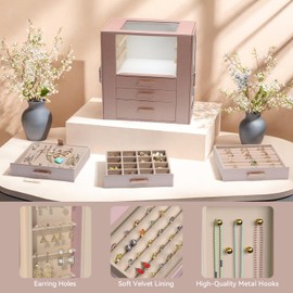 ASINGYER Jewelry Boxes for Women, 6 Layer Jewelry Organizer with Glass Lids, Jewelry Holder Organizer with 5 Drawers and 2 Glass Doors for Jewelry Storage, Big Jewelry Box for Womens Gift (Rose Gold)