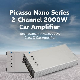 Soundstream Picasso Nano PN2.2000DX, Compact 2Ch Car Stereo Amplifier, 2000W Peak Power Voice or Sub Amp, 2 Channel Stereo Amp for Speakers or Subwoofers