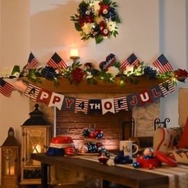 Valery Madelyn 6FT Patriotic Hydrangeas Garland with Lights for Mantle, Red White Blue Summer Floral Daisy Memorial Day Garland with Eucalyptus Leaves Butterfly for 4th of July Independence Day Decor