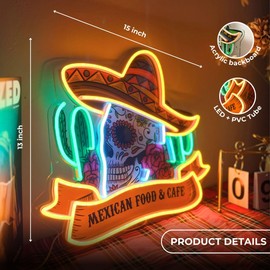 ORANTNEON Mexican Food & Cafe Neon Sign for Restaurant Store, LED Sign for Mexican Business, Mexico Skull Neon Sign with USB Powered for Mexican restaurant decor