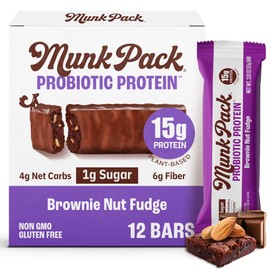 Munk Pack 15g Probiotic Protein Bars 1g Sugar 5g Net Carbs Plant Based Gut Health Snack Low Calorie and High Protein Snacks Brownie Nut Fudge 12 Count