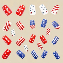Patriotic Press On Nails for 4th of July - Red White And Blue American Flag Nails - Medium Length Fake Nails - Independence Day Nail Art -fourth of July Nails For Girls Women - 24Pcs Full Set