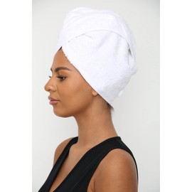Sapphire Collection Hair Drying Towels, 100% Pure Terry Towel Cotton Soft Hair Towel Wrap Hair Twist Turban Towel Absorbent Hair Cap Head Wrap Spa Towels with Loop & Button for Long Hairs (White)