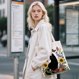 Black Cat Canvas Tote Bag - Vintage Flora & Cute Cat Print Canvas Bag with Magnetic Snap Closure & Zipper Inner Pocket, Aesthetic Reusable Shopping Bag (Gifts for Cat Lovers, Women Birthday Present)