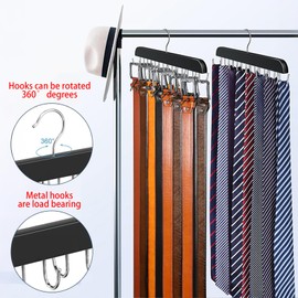2-Pack Sturdy Wooden Belt & Tie Organizer with 14 Hooks, 360° Rotating Rack Holds 60 Belts/Ties, Space Saving for Closet Storage, Bras, Scarves, Tank Tops & More (Black)