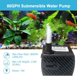 80GPH Ultra Quiet 300L/H 4W Submersible Water Pump with 2.6ft High Lift for Fountains, Table, Ponds, Aquariums, Fish Tank