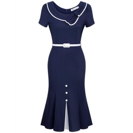 MUXXN Women's Classy 50s Audrey Hepburn Style High Waist Homecoming Mermaid Pencil Dress (Navy Blue L)