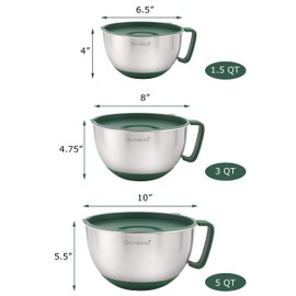 Rorence Mixing Bowls Set: Stainless Steel Non-Slip Bowls with Pour Spout, Handle and Lid - Set of 3 - Green