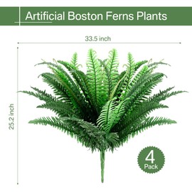 Tigeen 4 Pack 120 Bunches Artificial Boston Fern Bush 33.5 Inch Silk Fake Boston Fern Greenery Shrubs for Outdoor Indoor Decorating, Living Room, Bedroom, Office, Garden