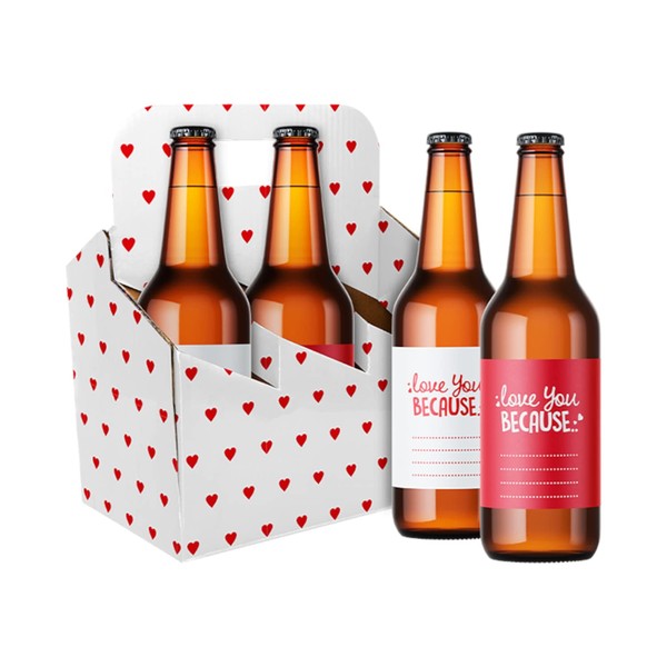 Personalised Beer Labels & Heart Design Bottle Carrier | Pack of 6 Customisable "I Love You Because" Stickers and Foldable Cardboard Holder | Valentines, Anniversary and Birthday Gift Surprise
