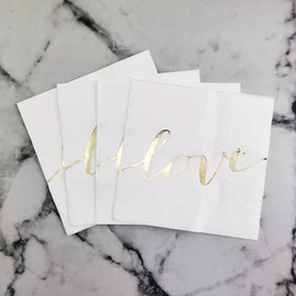 Servilletas de papel blanco con estampado de letras brillantes doradas Love – plegadas 16,5 x 16,5 cm/desplegadas 33 x 33 cm para bodas, novias/baby shower, cenas, fiestas de cumpleaños (48 unidades)