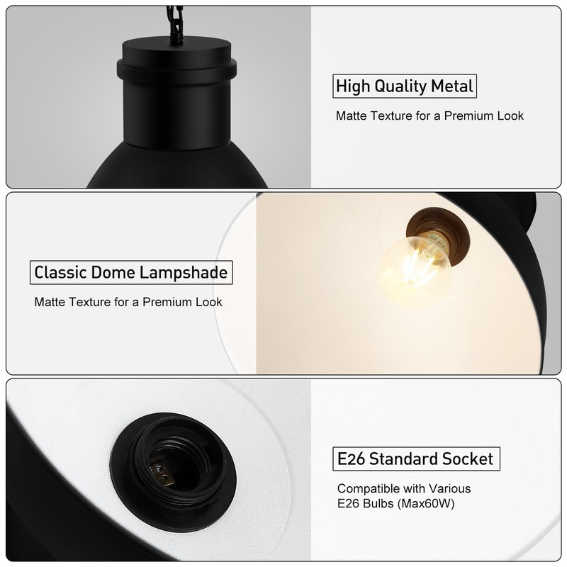 BoostArea Black Pendant Lights Kitchen Island, 10.6" Large Metal Shade