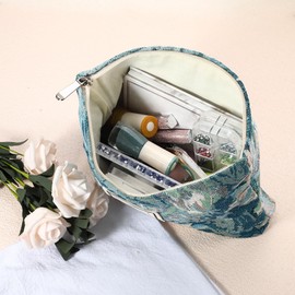 VOCOSTE Floral Makeup Bag, Zipper Flower Cosmetic Pouch, Aesthetic Women Cosmetic Bags Coin Purse Suitable for Foundations Lipsticks Brushes, Blue