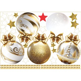 Christmas Bauble Stars Window Decals Stickers for Glass, Large Xmas Designs Home Decorations Holiday Bling, DIY Window Door Mural Showcase for Office Business, Gold White Glossy Window Decorations