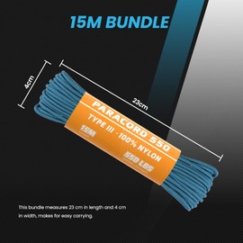Abma Cord Paracord 550, Nylon Rope Paracord, 4 mm Cords (15 m - 30 m - 50 m - 100 m) with 7 Cores, Type III Survival Parachute Cord, Top 45 Hot Colours - Max. 250 kg - Teal, 15 m