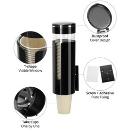 QWORK Wall-Mounted Cup Dispenser - White, Holds 4-7 oz Cups, up to 40 Cups, Flip-able Lid, Plastic Construction, 2 Pack