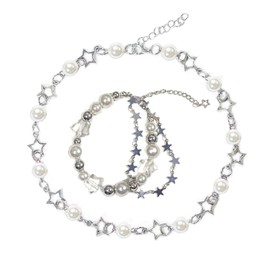 Y2K Star Pearl Beaded Chain Adjustable Aesthetic Bracelet Necklace Chain Choker Grunge for Women Jewelry Gifts Punk Gothic Link Dainty Transparent Star Cool-3Pcs