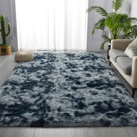 Deerhoo Large Shag Area Rugs 5 x 8, Tie-Dyed Plush Fuzzy Rugs for Living Room, Ultra Soft Fluffy Furry Rug for Bedroom, Indoor Carpet Nursery Rugs for Kids Room Home Decor, Blue and Grey