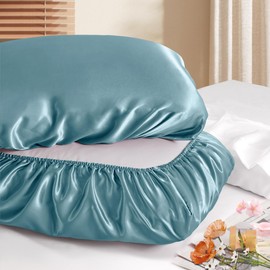 Manyshofu Satin Pillowcases for Hair Protection - 1Pcs Blue Pillow Cases, Elastic Band Standard & Queen Satin Pillowcases Luxury Silky Pillow Cases Travel Pillow Covers