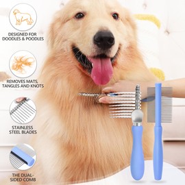 Myselect Dematting Comb for Doodles & Poodles, Dual-Sided Comb Tool for Long Curly Haired Dogs, Grooming Brush Kit for Removing Mats and Tangles, Stainless Steel, Beech Wood
