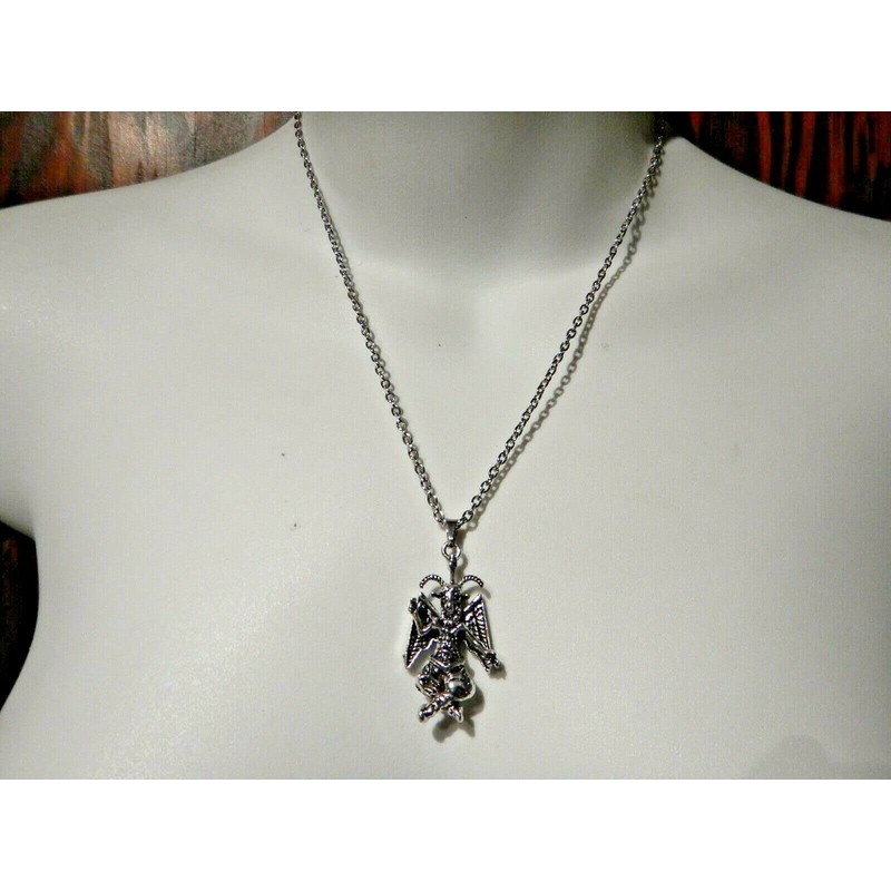 BAPHOMET NECKLACE little unisex silvertone figural charm on stainless steel