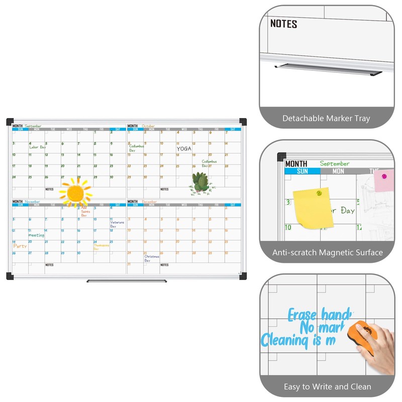 XBoard Magnetic Calendar Whiteboard 36" x 24", 4 Months Calendar