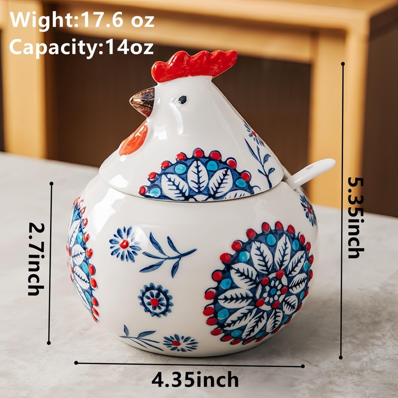 13OZ Ceramic Salt Cellar with Lid and Spoon,Chicken Salt Container