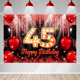 Happy 45th Birthday Backdrop Banner Black and Red Theme Background with Neon Shiny Fashion Birthday Party Photo Photography Prop Booth Background for Men Women Celebration 70.8x47.2in-BECKTEN