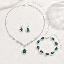 Unicra Silver Crystal Bridal Wedding Jewelry Set Rhinestone Necklace Earrings Bracelet Sets Prom Formal Costume Jewelry for Women and Brides (Green-3 Pack Green Necklace Bracelet Earrings)