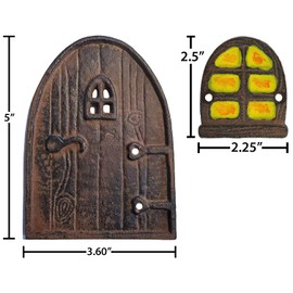 Lulu Decor, 100% Cast Iron Rustic Brown Miniature Fairy Door 5" and 2 Windows, Garden Ornament Ideal for Bottom of Trees (5 Inch - Round Top)