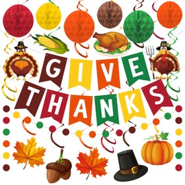 Thanksgiving Party Decoration Give Thanks Banner with Honeycomb Balls Pre-strung Turkey Pumpkin Maple Leaves Hanging Swirls Thanksgiving Circle Dots Garland for Fall Autumn Harvest Home Party Decor
