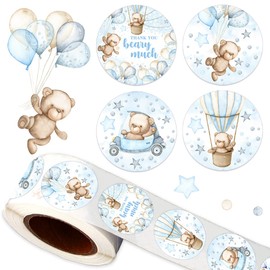 Bear Baby Stickers-500Pcs Thank You Beary Much Circle Labels,1.2 Inch Baby Shower Bear Theme Blue Candy Stickers for Kids
