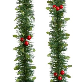 5m Christmas Garland with Holly Leaves and Red Berries, Artificial Pine Tinsel, Holiday Decoration